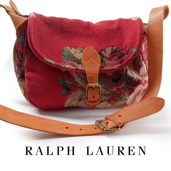 Ralph Lauren Handbags - Vintage Ralph Lauren Needlepoint Tapestry Crossbody Bag Leather Strap Ruby Red